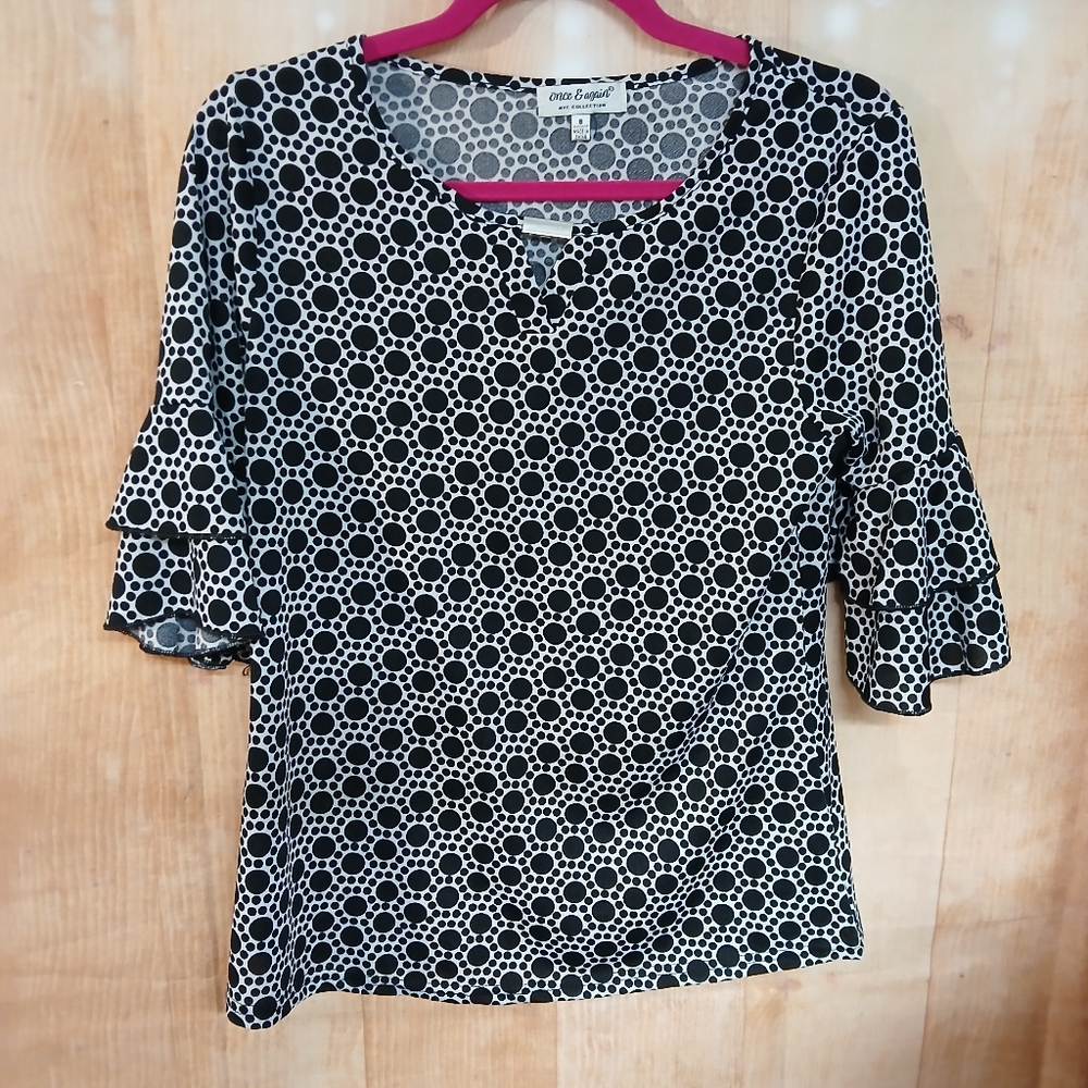 Black and White Ruffled Flutter Sleeve Blouse
